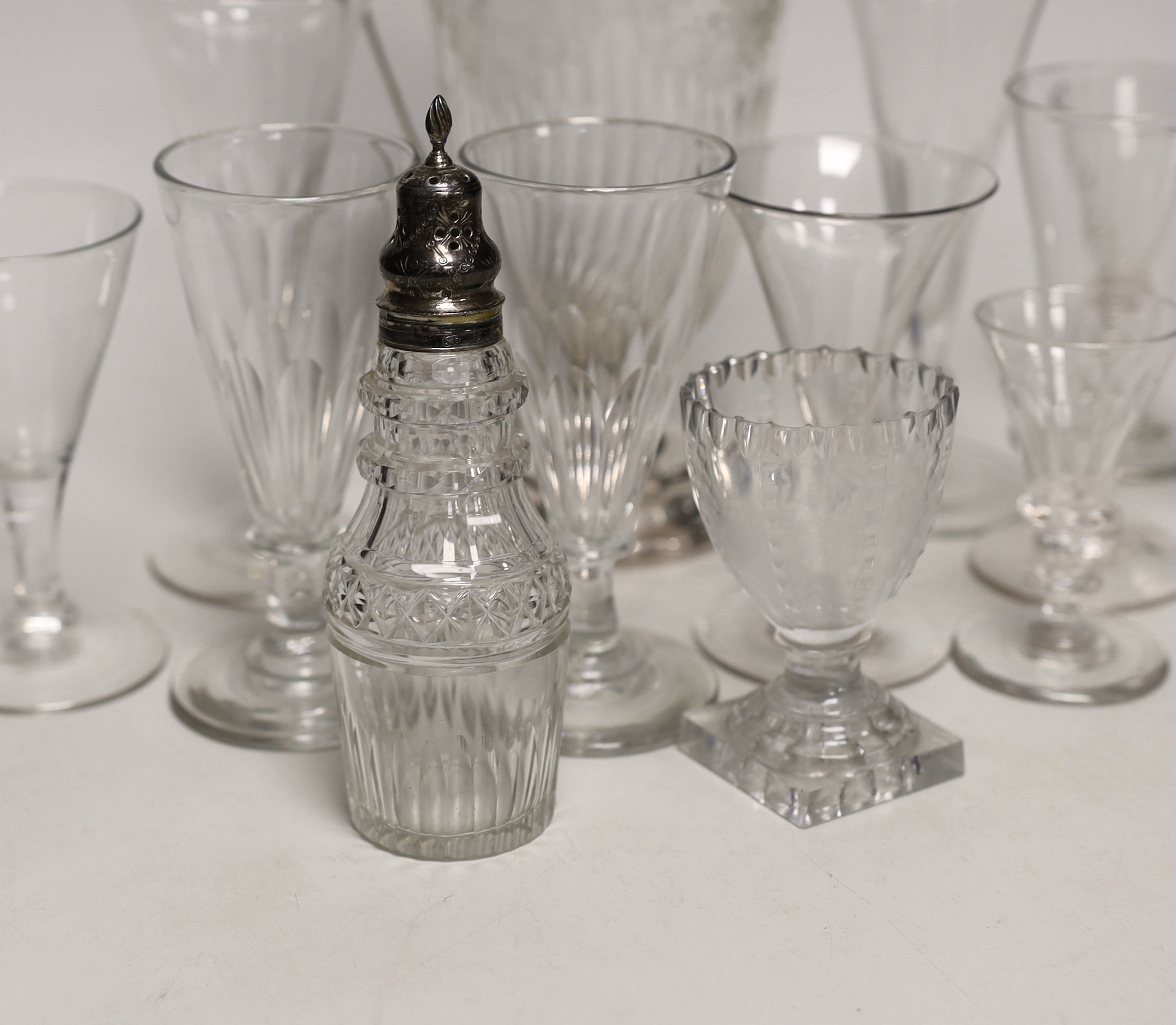 A silver plate mounted glass claret jug and various glasses